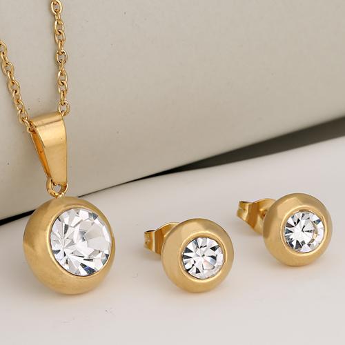 Rhinestone Stainless Steel Jewelry Set, Stud Earring & necklace, 304 Stainless Steel, Round, plated, 2 pieces & for woman & with rhinestone, more colors for choice, Sold By Set