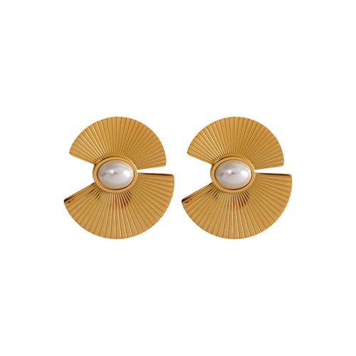 Stainless Steel Stud Earrings, 304 Stainless Steel, with Plastic Pearl, Flower, plated, fashion jewelry & for woman, golden, Sold By Pair