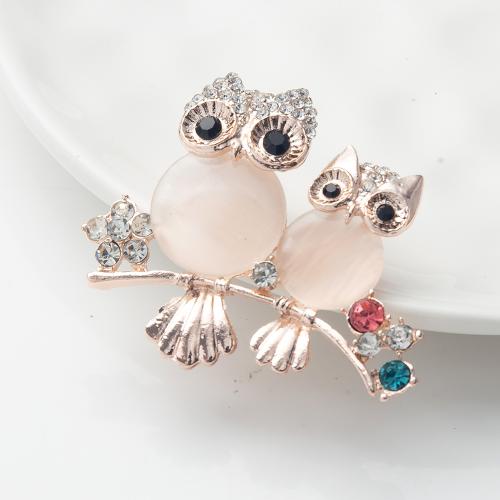 Cats Eye Brooch, Tibetan Style, with Crystal, Owl, for woman & with rhinestone, mixed colors, Sold By PC