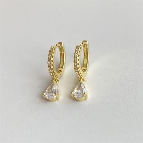 Brass Huggie Hoop Drop Earring, Teardrop, gold color plated, micro pave cubic zirconia & for woman, 10x20mm, Sold By Pair