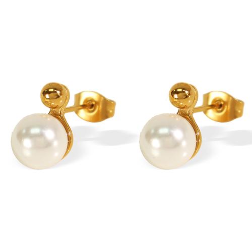 Stainless Steel Stud Earrings, 304 Stainless Steel, with Plastic Pearl, plated, fashion jewelry & for woman, golden, Sold By Pair