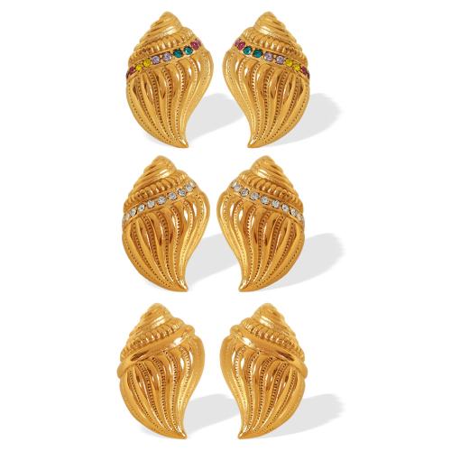 Stainless Steel Stud Earrings, 304 Stainless Steel, Conch, 18K gold plated, fashion jewelry & for woman & with rhinestone, Sold By Pair