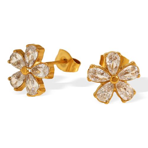 Stainless Steel Stud Earrings, 304 Stainless Steel, with Cubic Zirconia, Flower, plated, fashion jewelry & for woman, golden, Sold By Pair