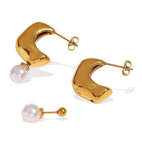 Stainless Steel Stud Earrings, 304 Stainless Steel, with Plastic Pearl, plated, fashion jewelry & for woman, golden, Sold By Pair