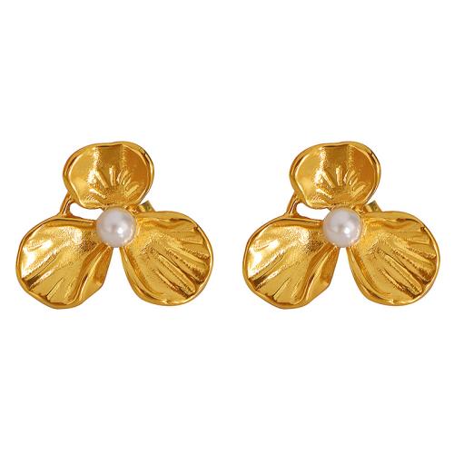 Stainless Steel Stud Earrings, 304 Stainless Steel, with Plastic Pearl, Flower, 18K gold plated, fashion jewelry & for woman, Sold By Pair