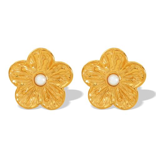 Stainless Steel Stud Earrings, 304 Stainless Steel, with Plastic Pearl, Flower, gold color plated, fashion jewelry & for woman, Sold By Pair