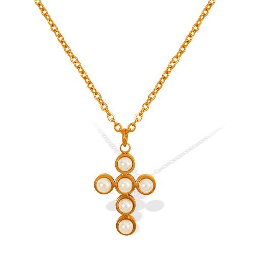 Edelstahl Schmuck Halskette, 304 Edelstahl, mit Kunststoff Perlen, mit Verlängerungskettchen von 5cm, Kreuz, für Frau, goldfarben, Länge:40 cm, verkauft von PC