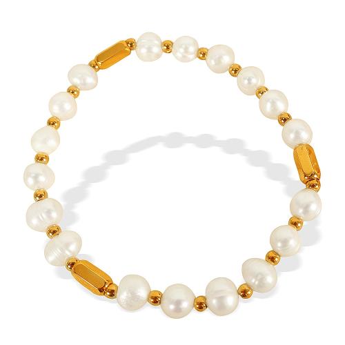 Stainless Steel Jewelry Bracelet, 304 Stainless Steel, with Freshwater Pearl, plated, fashion jewelry & for woman, golden, Sold By PC