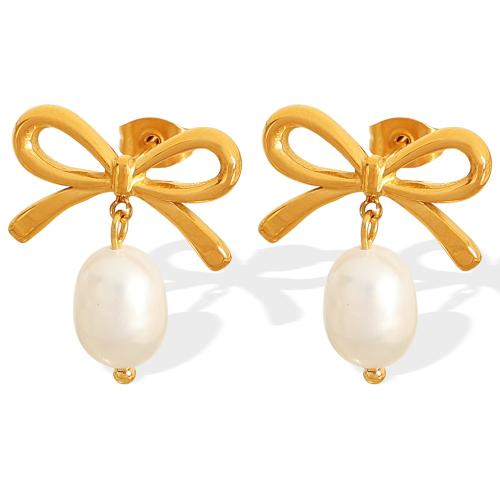 Stainless Steel Stud Earrings, 304 Stainless Steel, with Freshwater Pearl, Bowknot, 18K gold plated, fashion jewelry & for woman & hollow, Sold By Pair