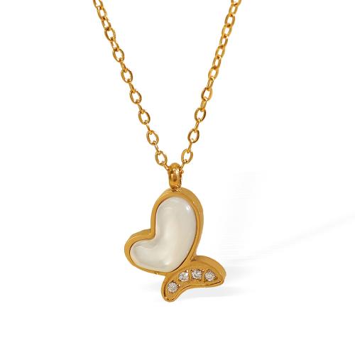 Stainless Steel Jewelry Necklace, 304 Stainless Steel, with White Shell, with 5cm extender chain, plated, fashion jewelry & for woman & with rhinestone, golden, Length:40 cm, Sold By PC