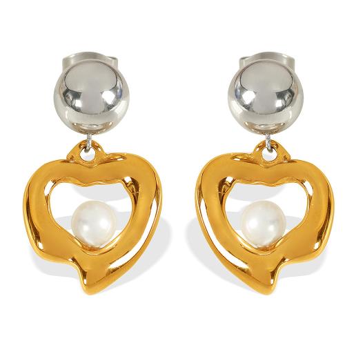 Stainless Steel Stud Earrings, 304 Stainless Steel, with Glass Beads, Heart, plated, for woman & two tone & hollow, Sold By Pair