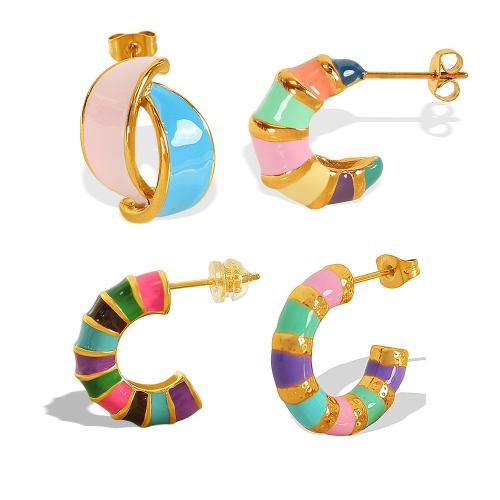 Pendientes de Acero Inoxidable, acero inoxidable 304, chapado en color dorado, diferentes estilos para la opción & para mujer & esmalte, multicolor, Vendido por Par