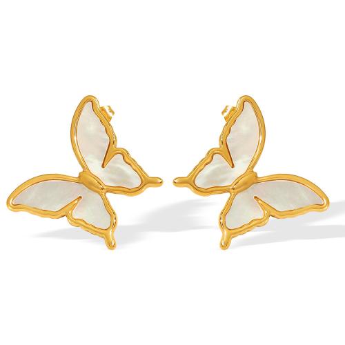 Stainless Steel Stud Earrings, 304 Stainless Steel, with White Shell, Butterfly, 18K gold plated, fashion jewelry & for woman, Sold By Pair