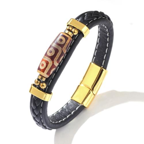 Cowhide Bracelet, with Tibetan Agate & Tibetan Style, plated, fashion jewelry & different length for choice & for man, more colors for choice, Sold By PC