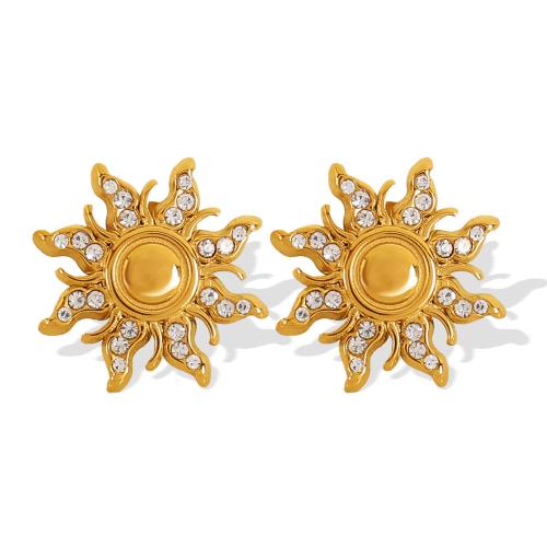 Stainless Steel Stud Earrings, 304 Stainless Steel, Flower, plated, fashion jewelry & for woman & with rhinestone, golden, Sold By Pair