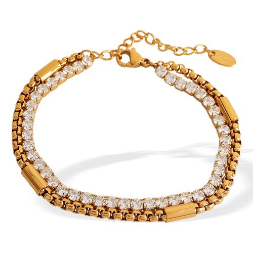 Bijoux bracelet en acier inoxydable, Acier inoxydable 304, avec zircon cubique, avec 5cm chaînes de rallonge, Placage, Double couche & bijoux de mode & pour femme, doré, Longueur:15 cm, Vendu par PC