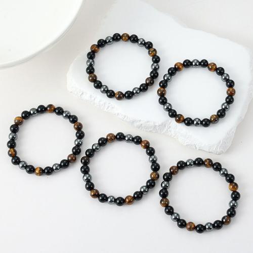 Bracelets de pierres précieuses, Obsidienne, avec oeil de tigre & Hématite, bijoux de mode & élastique & unisexe, couleurs mélangées, 8mm, Longueur:Environ 19 cm, Vendu par PC