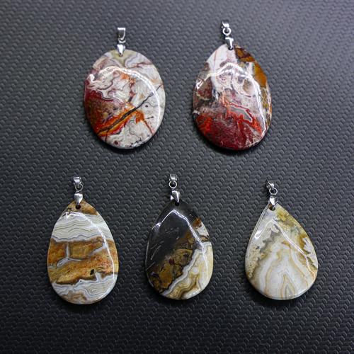 Agate Jewelry Pendants, Crazy Agate, with Iron & 304 Stainless Steel, Teardrop, DIY, Random Color, 35x53mm, Sold By PC