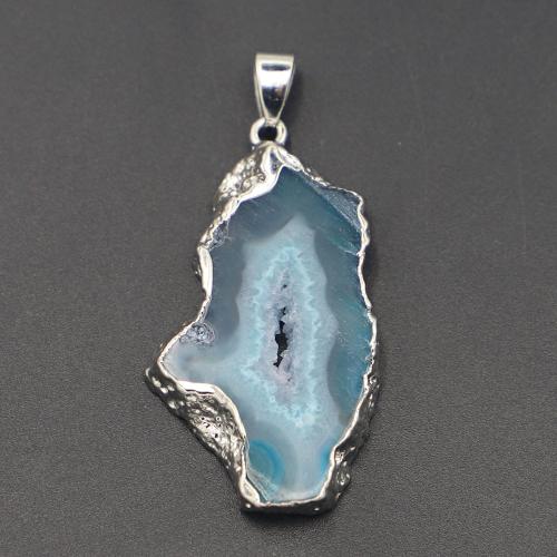 Agate Jewelry Pendants, Brazil Agate, with Brass, irregular, silver color plated, DIY, blue, about:50-35mmu00d735-20mmu00d76mm, Sold By PC