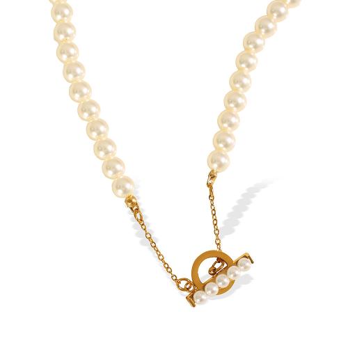 Stainless Steel Jewelry Necklace, 304 Stainless Steel, with Plastic Pearl, plated, fashion jewelry & for woman, golden, Length:42 cm, Sold By PC