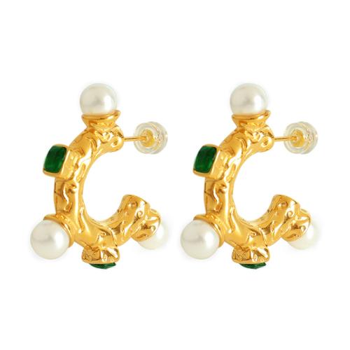 Pendientes de Acero Inoxidable, acero inoxidable 304, con Perlas plásticas, Joyería & micro arcilla de zirconia cúbica & para mujer, dorado, 24x30mm, Vendido por Par