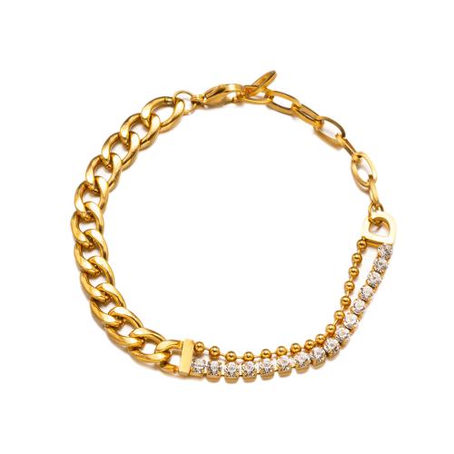 Pulsera de Acero Inoxidable, acero inoxidable 304, con 5cm extender cadena, chapado, Doble capa & para mujer & con diamantes de imitación, dorado, longitud:16 cm, Vendido por UD