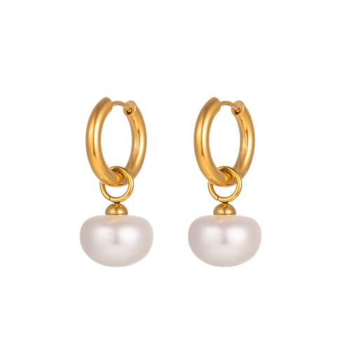 Acier inoxydable Levier Retour Earring, Acier inoxydable 304, avec perle de plastique, Plaqué or 18K, bijoux de mode & pour femme, Vendu par paire