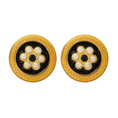 Stainless Steel Stud Earrings, 304 Stainless Steel, with Plastic Pearl, Round, gold color plated, fashion jewelry & for woman & enamel, Sold By Pair