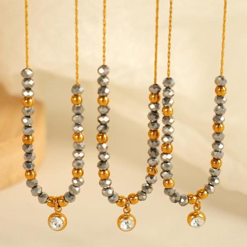 Stainless Steel Jewelry Necklace, 304 Stainless Steel, with Hematite, with 5cm extender chain, gold color plated, fashion jewelry & for woman & with rhinestone, Length:42 cm, Sold By PC