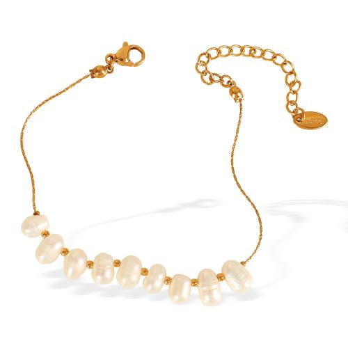 Stainless Steel Jewelry Bracelet, 304 Stainless Steel, with Freshwater Pearl, with 5cm extender chain, plated, fashion jewelry & for woman, golden, Length:15 cm, Sold By PC