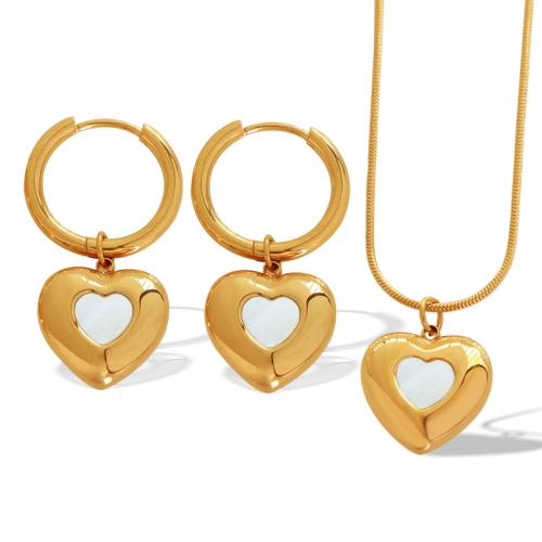 Parures de bijoux en acier inoxydable, Acier inoxydable 304, avec coquille blanche, coeur, Plaqué or 18K, bijoux de mode & styles différents pour le choix & pour femme, Vendu par PC