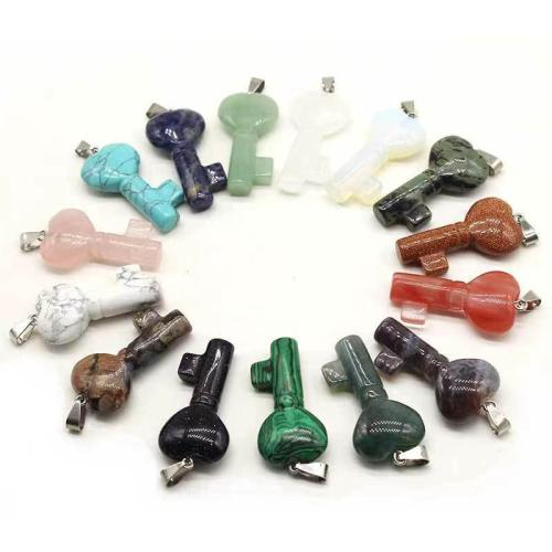 Gemstone Pendants Jewelry, with Iron & 304 Stainless Steel, Key, DIY, Random Color, 20x40x10mm, Sold By PC