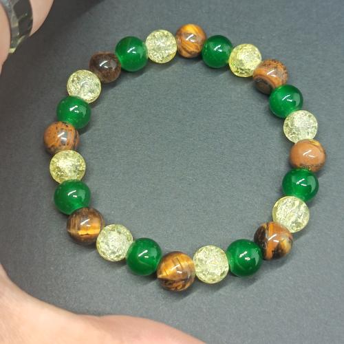 Gemstone Bracelets, Tiger Eye, with Lampwork, Round, Unisex, green, Sold By PC