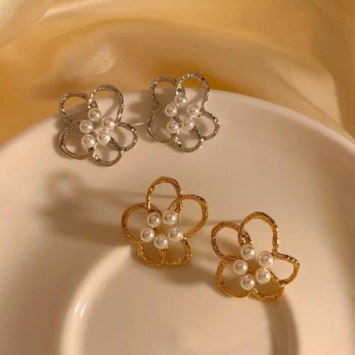 Stainless Steel Stud Earrings, 304 Stainless Steel, with Plastic Pearl, Flower, plated, fashion jewelry, more colors for choice, Sold By Pair