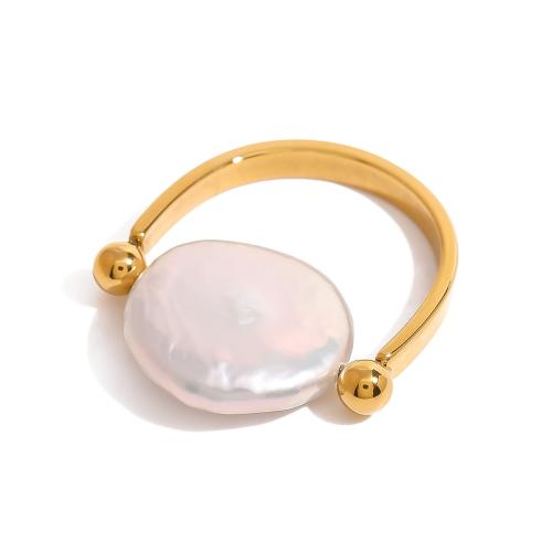 Stainless Steel Finger Ring, 304 Stainless Steel, with Freshwater Pearl, plated, fashion jewelry & for woman, golden, Sold By PC