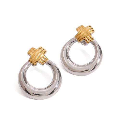 Stainless Steel Stud Earrings, 304 Stainless Steel, Round, plated, for woman & two tone & hollow, Sold By Pair