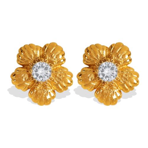 Boucle d'oreille de gaujon en acier inoxydable, Acier inoxydable 304, fleur, Placage, bijoux de mode & pavé de micro zircon & pour femme, doré, Vendu par paire