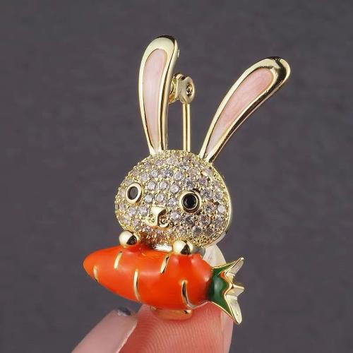 Tibetan Style Brooches, Rabbit, gold color plated, enamel & with rhinestone, 19x28mm, Sold By PC