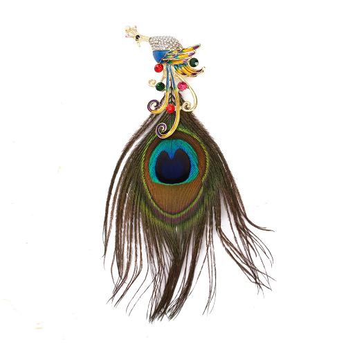 Tibetan Style Brooch, with Feather, Peacock, gold color plated, for woman & enamel & with rhinestone, 75x35mm, Sold By PC