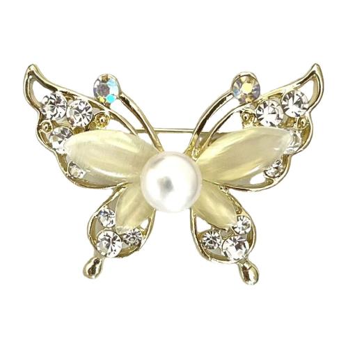 Tibetan Style Brooch, with Crystal & Plastic Pearl, Butterfly, gold color plated, for woman & with rhinestone, 43mm, Sold By PC