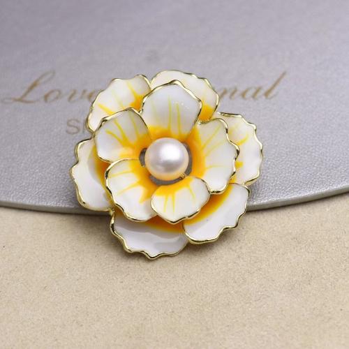 Tibetan Style Brooch, with Plastic Pearl, Flower, gold color plated, for woman & enamel, 37mm, Sold By PC