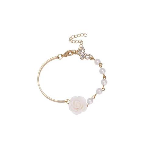 Plastic Pearl Bracelet, with Resin & Tibetan Style, Flower, gold color plated, for woman & with rhinestone, more colors for choice, Length:Approx 6-8 Inch, Sold By PC