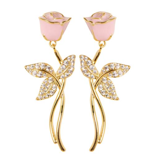 Boucles d'oreilles en laiton zircon cubique pavent, fleur, Placage de couleur d'or, bijoux de mode & pavé de micro zircon & émail, doré, protéger l'environnement, sans nickel, plomb et cadmium, 40mm, Vendu par paire