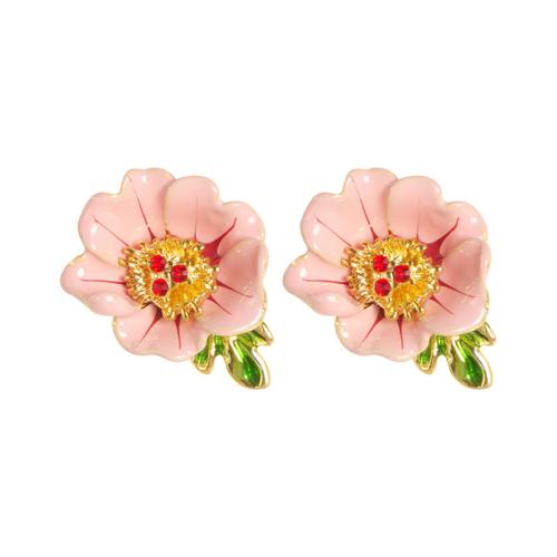 Pendientes de Perno de Aleación de Zinc, Flor, chapado en color dorado, Joyería & micro arcilla de zirconia cúbica & esmalte, más colores para la opción, libre de níquel, plomo & cadmio, 21x15mm, Vendido por Par