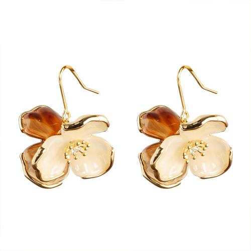 Boucles d'oreilles pendantes en laiton, avec résine, fleur, Placage de couleur d'or, bijoux de mode, doré, protéger l'environnement, sans nickel, plomb et cadmium, 26x32mm, Vendu par paire