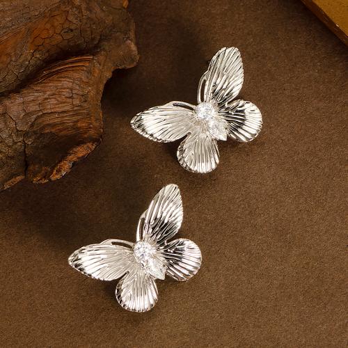 Brass Stud Earring, Butterfly, plated, fashion jewelry & with rhinestone, more colors for choice, nickel, lead & cadmium free, 26x28mm, Sold By Pair