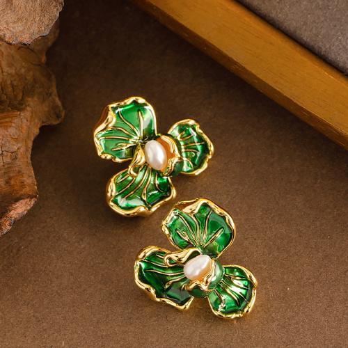 Tibetan Style Stud Earring, with Plastic Pearl, Flower, gold color plated, fashion jewelry & enamel, more colors for choice, nickel, lead & cadmium free, 27x26mm, Sold By Pair