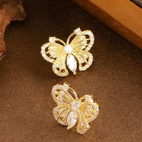 Boucles d'oreilles en laiton zircon cubique pavent, papillon, Placage, bijoux de mode & pavé de micro zircon, plus de couleurs à choisir, protéger l'environnement, sans nickel, plomb et cadmium, 20x16mm, Vendu par paire