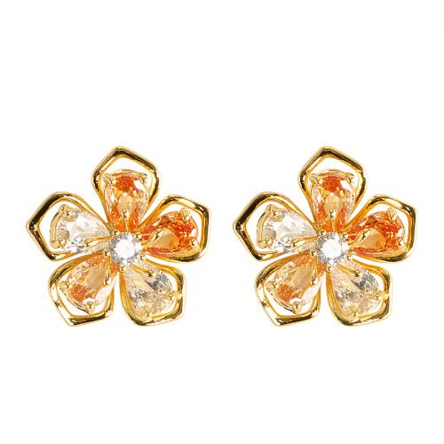 Brass Stud Earring, Flower, gold color plated, fashion jewelry & with rhinestone, more colors for choice, nickel, lead & cadmium free, 16x16mm, Sold By Pair