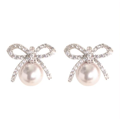 Brass Stud Earring, with Plastic Pearl, plated, fashion jewelry & with rhinestone, silver color, nickel, lead & cadmium free, 19x16mm, Sold By Pair